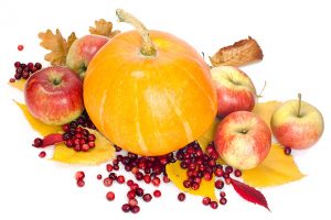 Pumpkin, apples and Cranberries on fall leaves